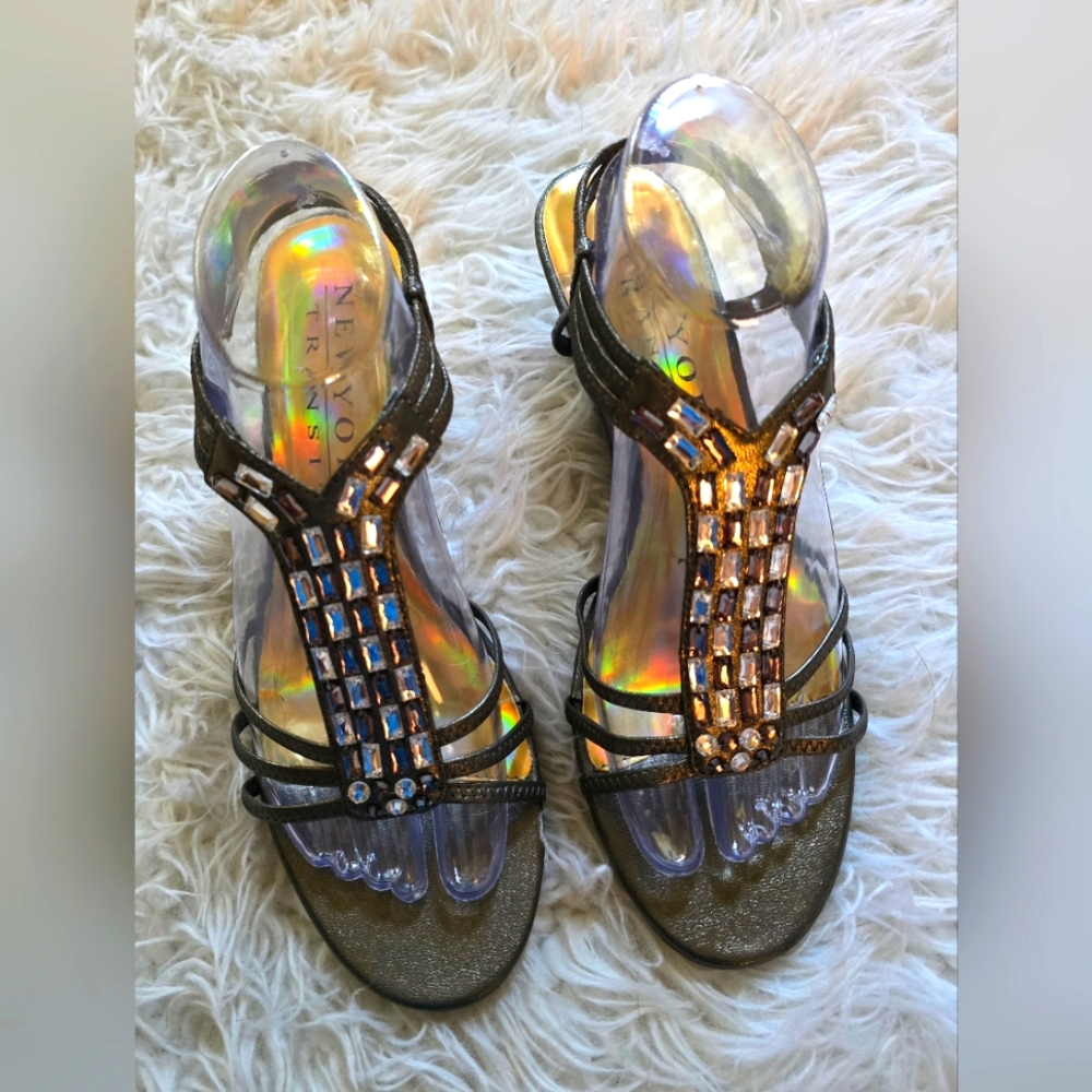 BRAND NEW New York Transit Gem and Bronze Metallic T-Strap Shoes 9- 1/2 M